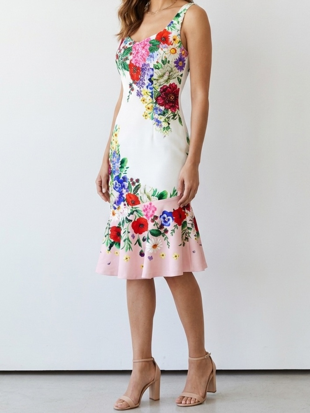 VENUS White Floral Dress with Red & Pink Blooms